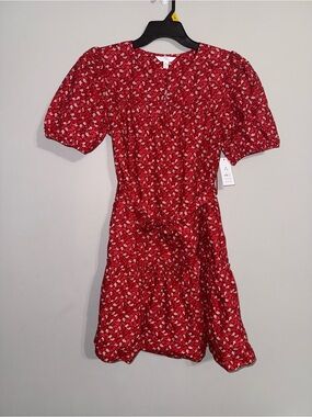 Time and Tru Women’s Red Floral Puff-Sleeve Dress w Removable Belt Medium